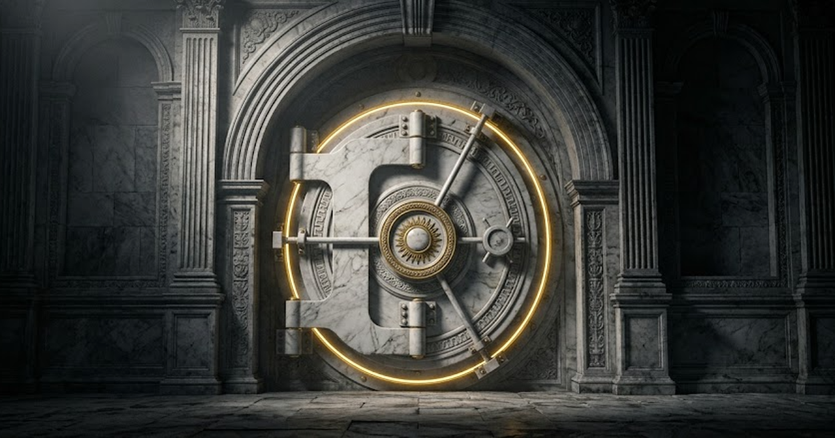 A sealed marble vault door set into a classical temple wall, satin gold seam glowing along its edges, never opened, void black background #050505, gold #D4AF37, no text, no people, classical architect
