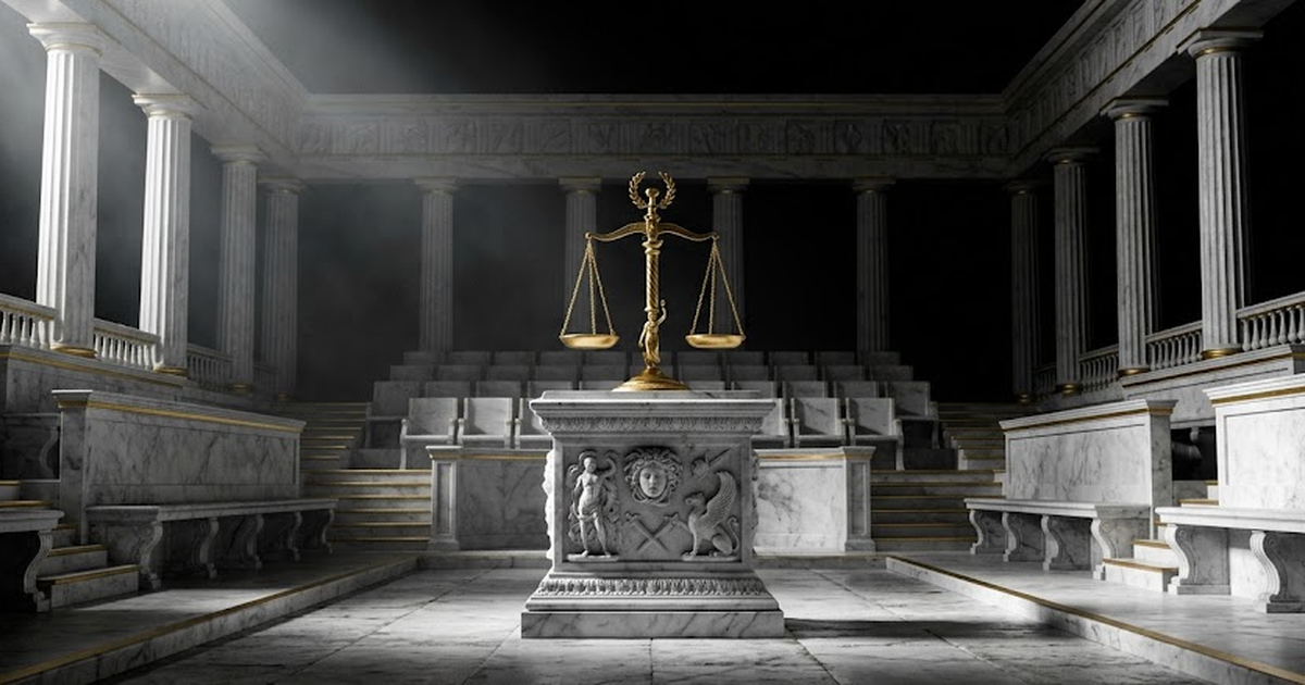 An empty Greek courtroom of white marble with a single gold scale of justice resting unused on a pedestal, void black #050505 background, satin gold #D4AF37 highlights, mythological symbolism, no text