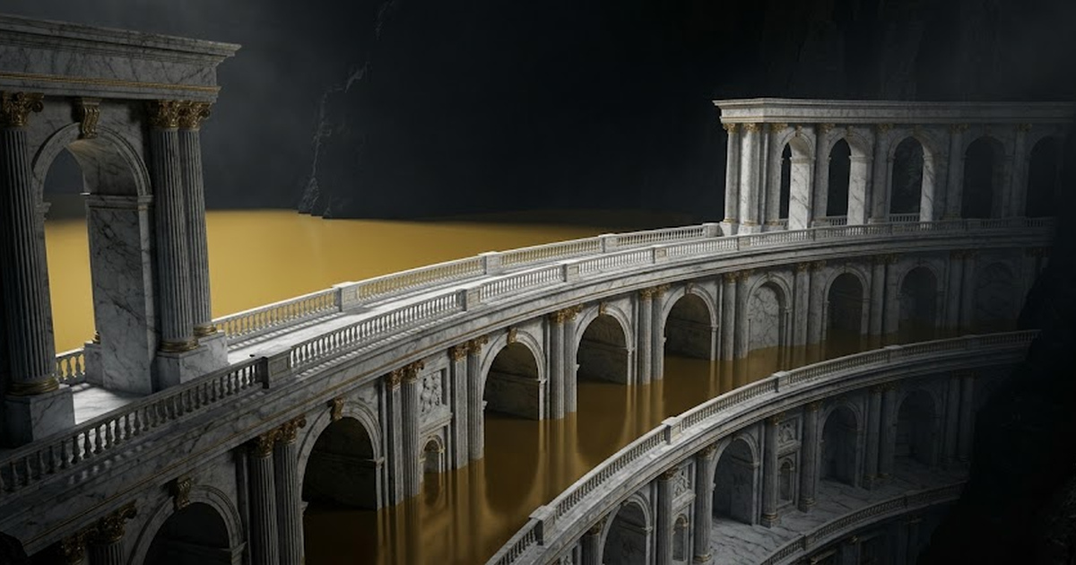 A vast dark marble reservoir holding still gold liquid behind a classical dam wall, symbolising untapped demand, void black #050505, gold #D4AF37 accents, no text, no humans, monumental architecture