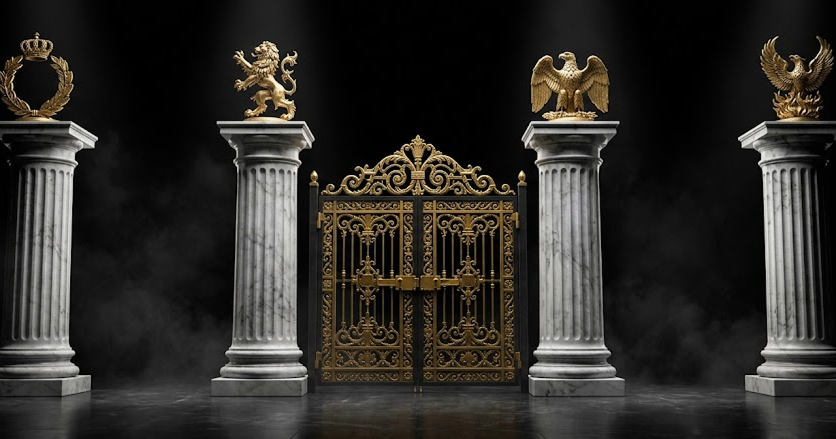 Four classical marble pillars forming a gateway, each capped with a different gold emblem, a sealed gold gate between them, void black background #050505, satin gold #D4AF37, no text, no people