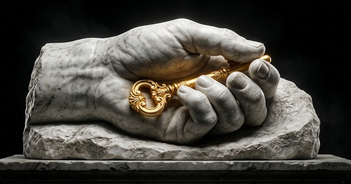 A golden key resting within a closed marble hand carved in relief, no other reach able to touch it, void black #050505 ground, gold #D4AF37, classical sculpture, no text, no living figures