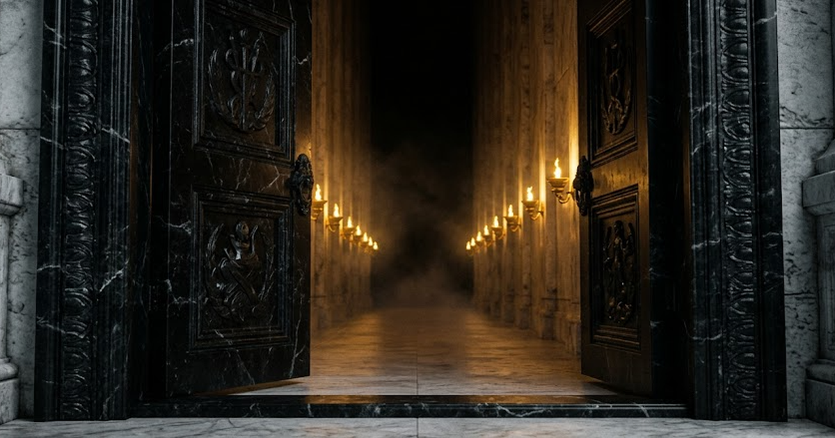 A doorway of black marble opening for the first time onto a corridor lined with fifty small gold flames, void black #050505 background, satin gold #D4AF37 light, mythological temple architecture, no t