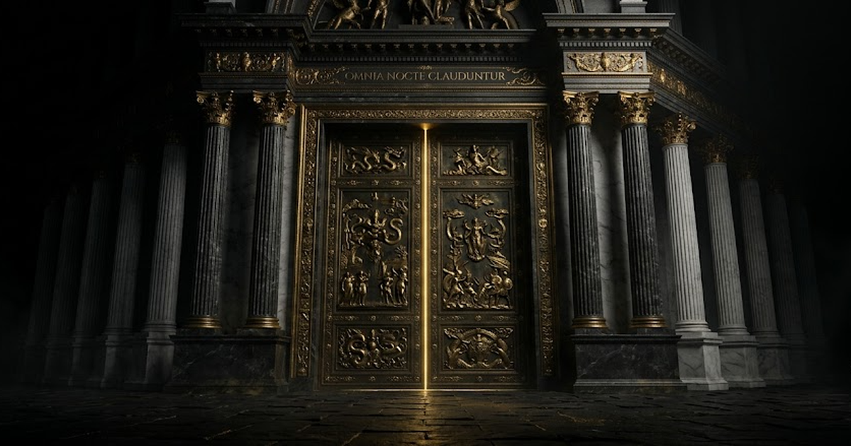 A vast classical temple gateway rendered in void black and satin gold, immense bronze doors sealed shut, marble columns receding into darkness, a single thin shaft of gold light tracing the seam of th