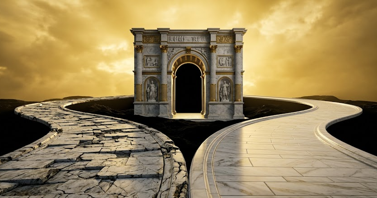 Two diverging marble roads under a golden sky meeting at a single ornate gateway, one road cracked and weathered, one road pristine and unwalked, classical Greek symbolism of two paths to one threshol