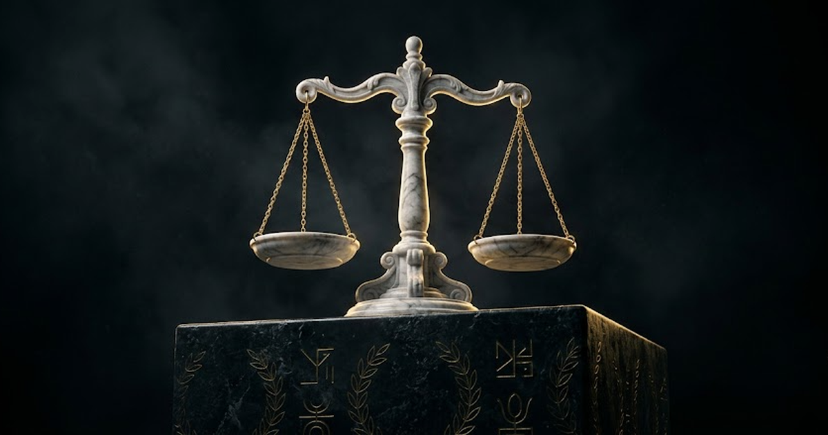 A golden balance scale of justice carved from marble resting on a black plinth, surrounded by faint engraved laurel and abstract glyphs suggesting law and rule, satin gold #D4AF37 on void #050505, cla