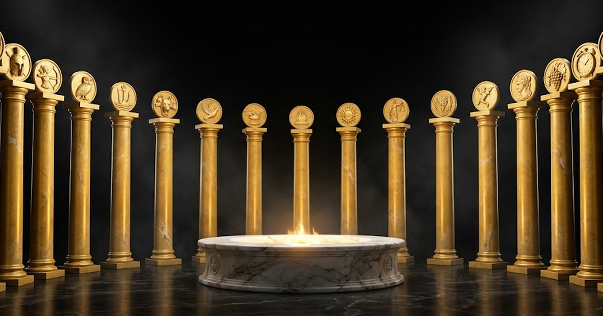 Eighteen golden columns of varying heights arranged in a colonnade radiating from a central marble hearth, each column crowned with a distinct classical emblem, void black background, satin gold marbl