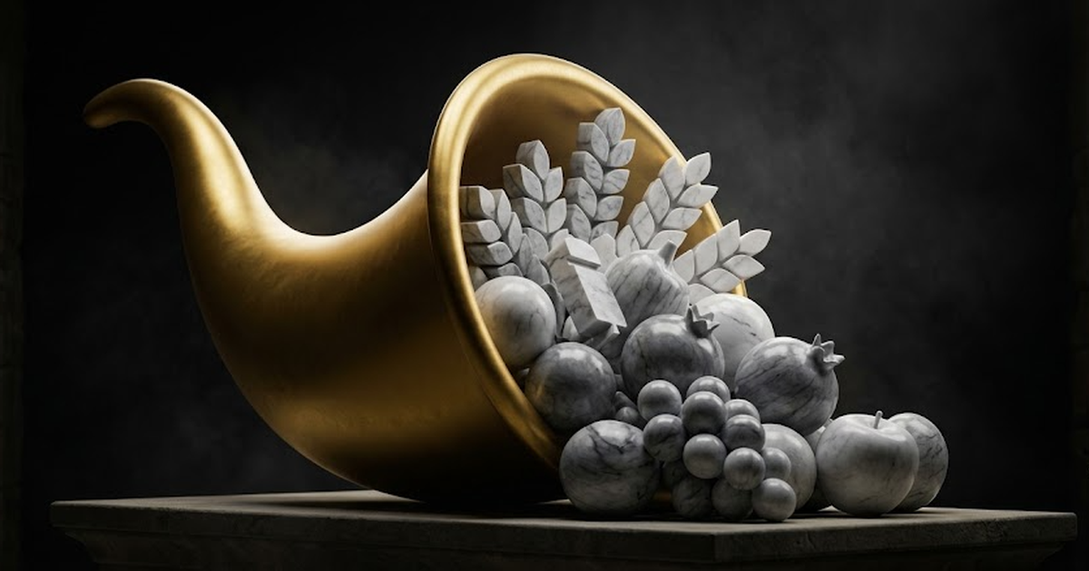 A golden cornucopia overflowing with stylised marble fruit and abstract data-glyph grain, set against deep void black, classical symbol of abundance and commerce kept within a walled courtyard, satin 