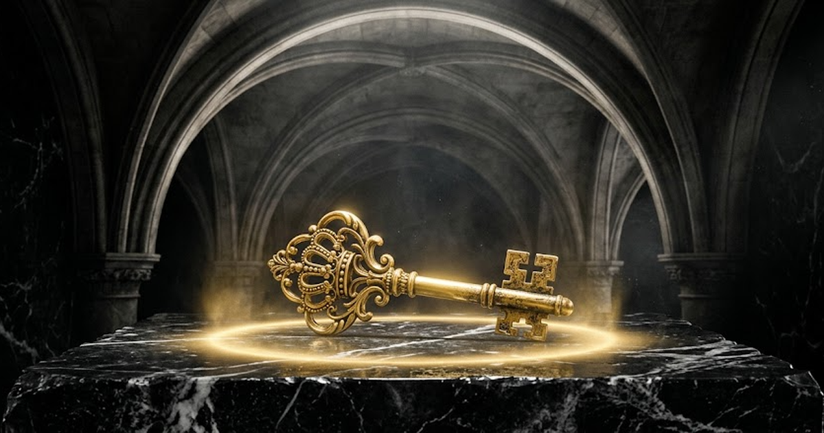 A single ornate golden key resting on a black marble altar beneath a vaulted classical ceiling, a soft halo of gold light around it, symbolism of held sovereignty and the closed door now opened, void 