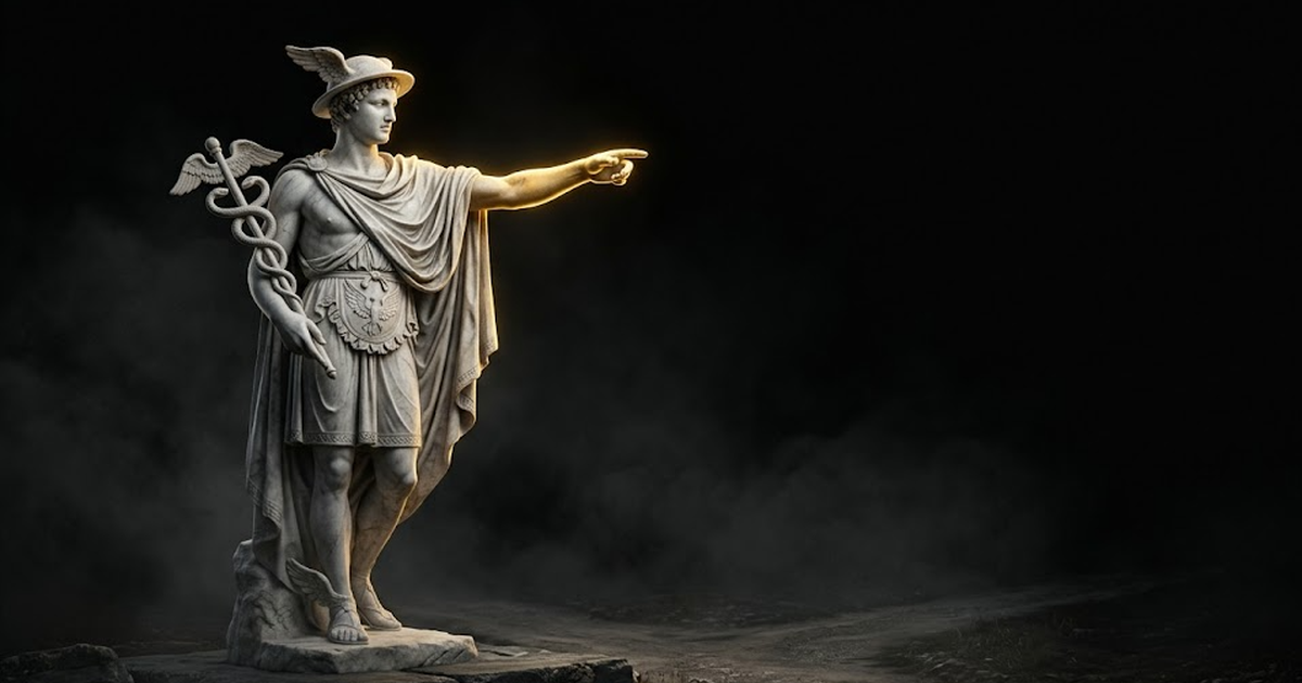 A marble statue of Hermes, messenger of the gods, holding a herald's staff, lit by hard gold rim light against pure black, one hand extended in the gesture of pointing the way