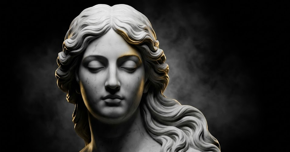 A marble bust of Mnemosyne, titan of memory, eyes closed in recollection, gold light catching the edge of carved hair, deep shadow behind