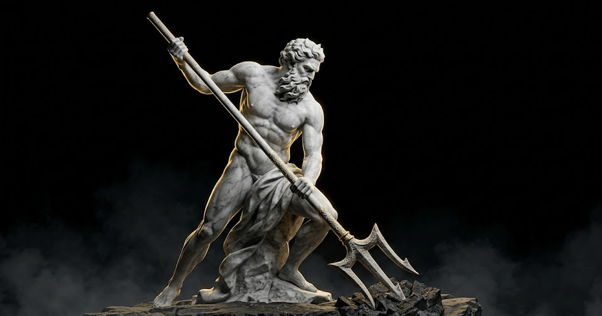 A colossal marble Poseidon driving a trident downward into dark water, gold rim light along the shaft, the surface beneath turned to stone where it strikes, vast black negative space around