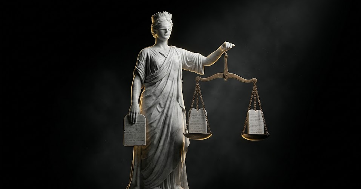 Themis, blindfolded marble figure of justice, holding level scales that hold steady, hard gold light on the beam, weighing two carved tablets, profound darkness behind