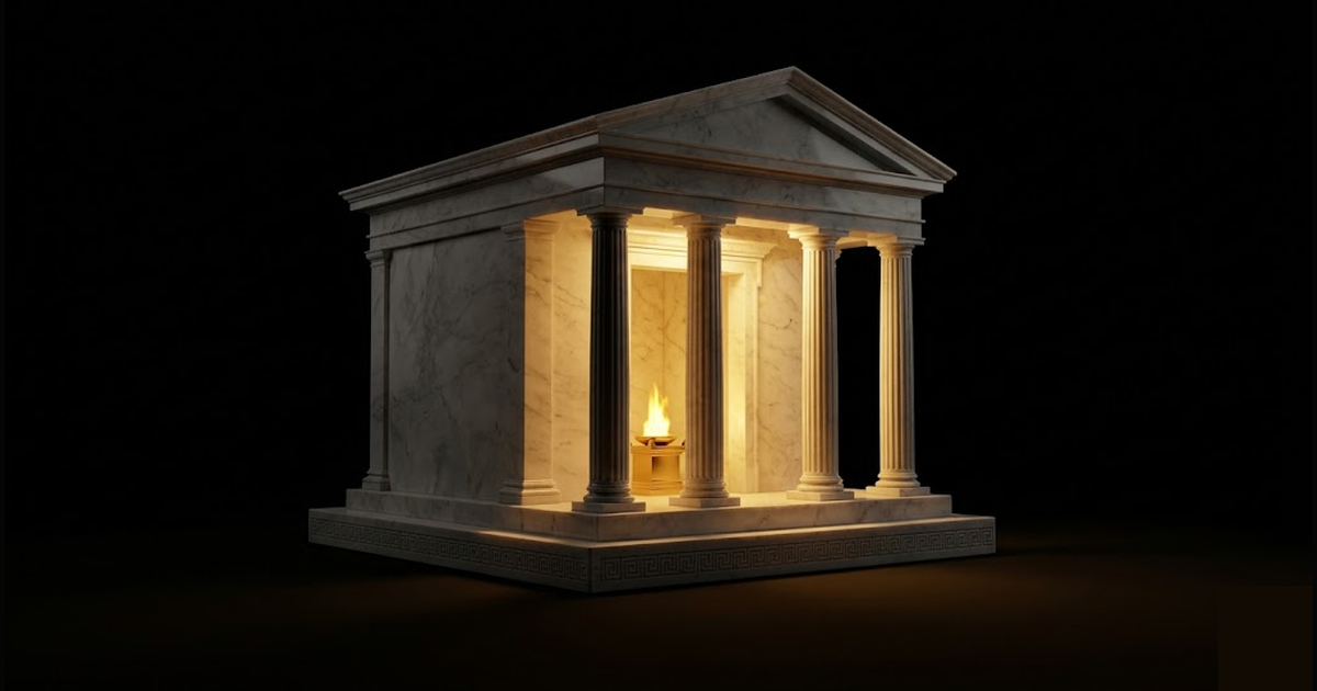 A small self-contained marble temple glowing from within with golden light, sealed walls, no pipes and no meter, standing alone in darkness