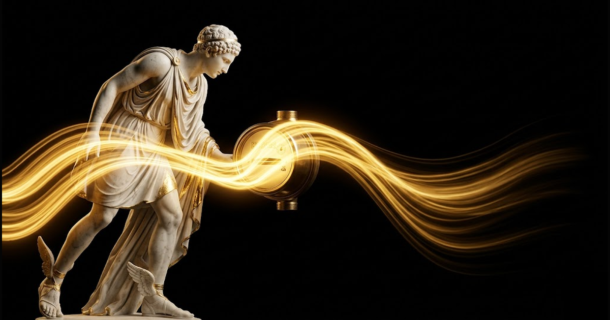 Hermes in marble reading a brass meter dial wreathed in golden currents of light, the economics of rented intelligence