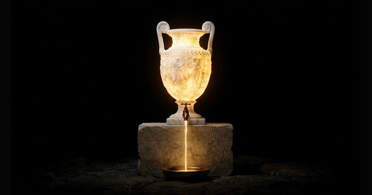 A colossal marble amphora brimming with golden light, only a thin thread escaping a clamped spout, vast capacity throttled to a trickle