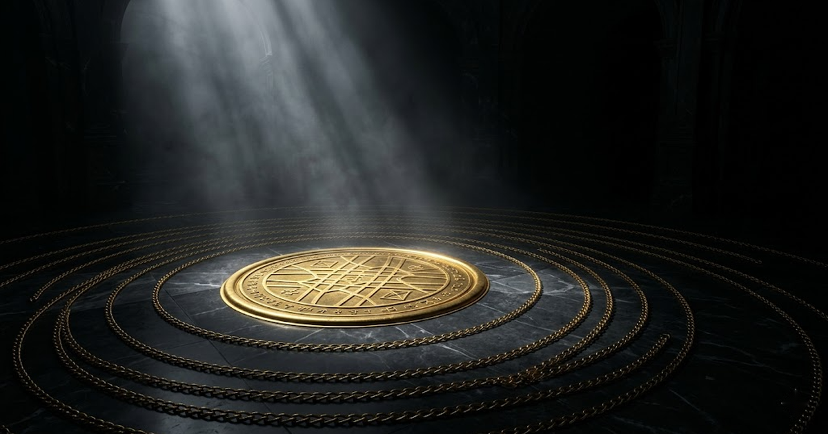 A glowing golden seal embedded in black marble at the centre of a dark hall, ringed by faint interlocking chain-links fading into shadow.