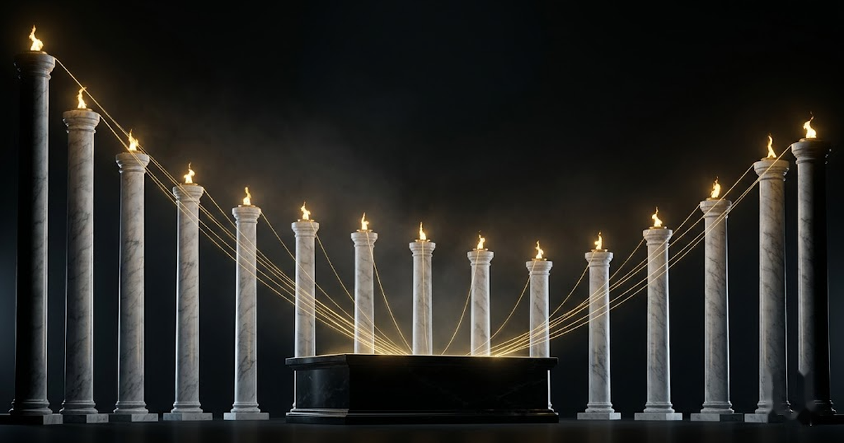 Fifteen marble columns crowned with golden flames, each sending threads of light into a single black altar that glows along its edges.