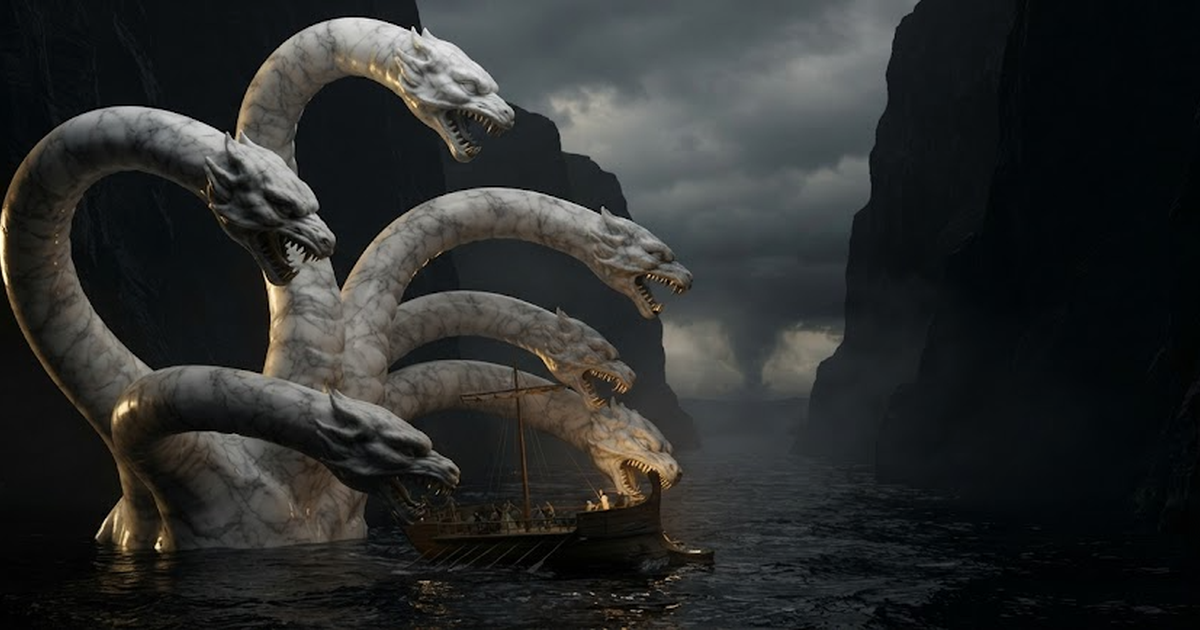 Scylla rising from a narrow black strait, six long necks arched over the channel and every head closing on a separate toll taken from the hull passing beneath her, satin gold light raking the wet necks and gleaming...
