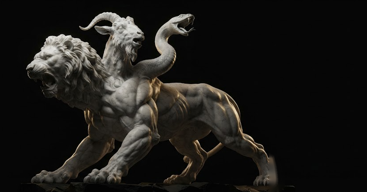 Chimera in a void of pure black, its lion goat and serpent heads each straining powerfully in a different direction while the single fused body braces and cannot take one step, satin gold light carving every superb...