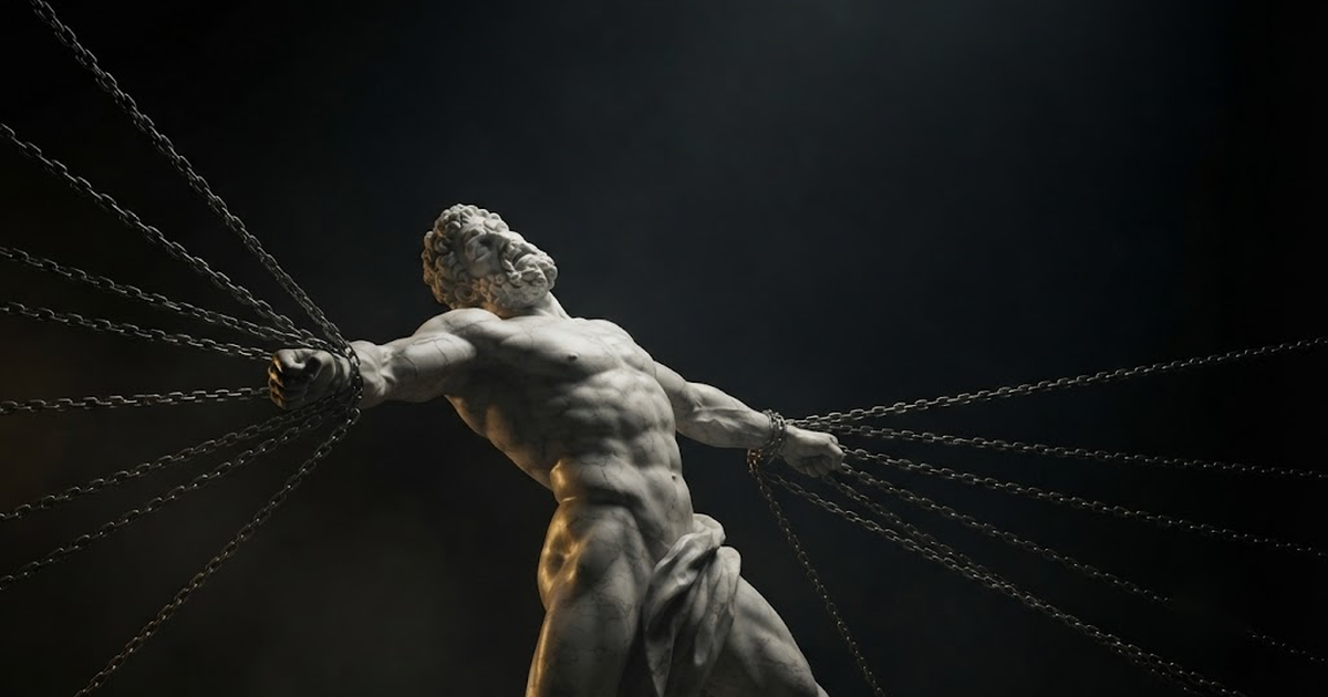 Hercules planted in a void of pure black, gripping twenty separate chains that fan into the dark and drag his arms wide because nothing joins them at one ring, his back arched under a force that tears instead of...