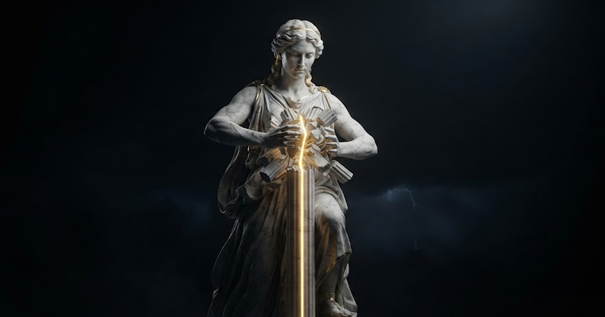 Harmonia standing in a void of pure black, pressing scattered broken column fragments together between her palms until the seams close into one unbroken shaft, satin gold light running smooth and continuous down the...