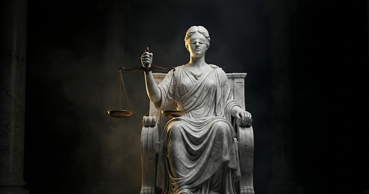 A carved marble figure of Themis holding empty scales in a void-black hall, gold rim light catching the rim of the pans, both pans hanging level and bare.