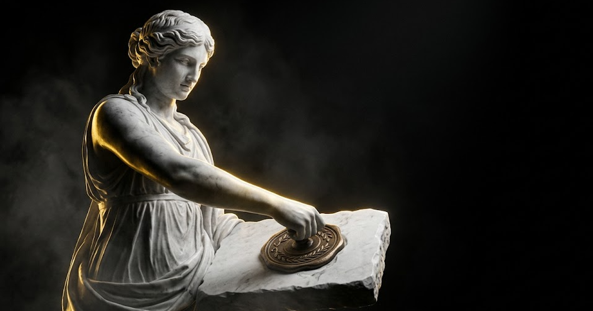 Mnemosyne, goddess of memory, rendered in white marble, one hand pressing a carved seal into a tablet, hard gold rim light along her arm against deep void black.