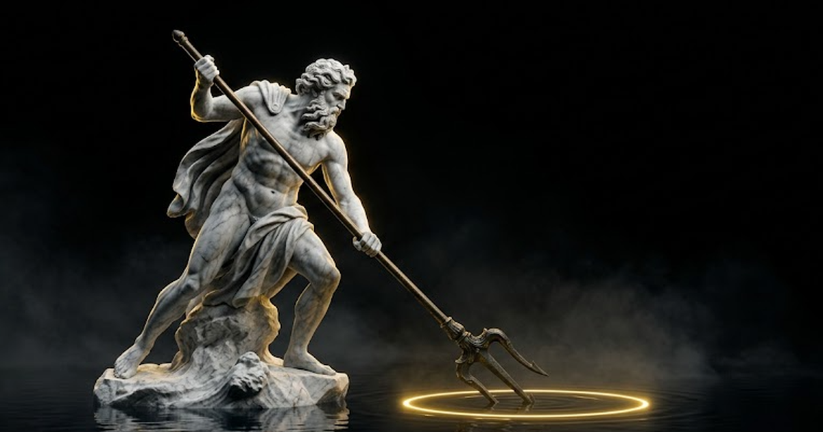 Poseidon in carved marble driving a trident down into a still black sea, the impact point ringed in gold light, dark negative space stretching wide around him.