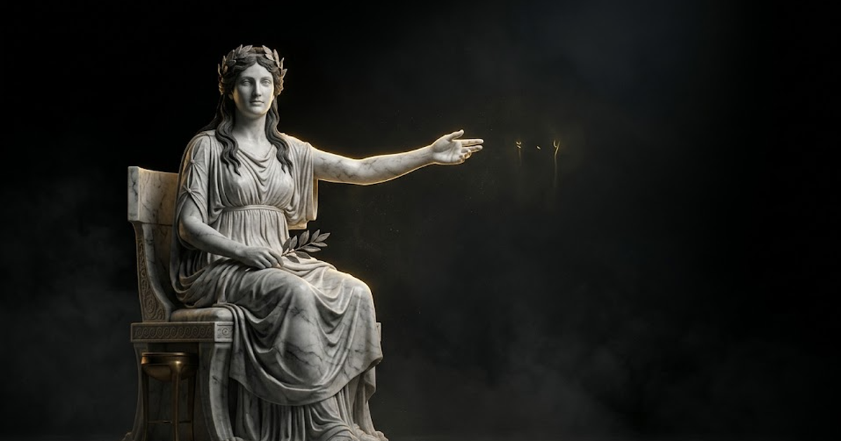 The Delphic Oracle as a serene marble figure gesturing toward three faint glowing marks suspended in void-black air, each catching a thin line of gold light, wide cinematic emptiness around them.