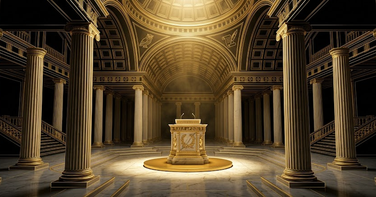 Void black background, satin gold line art of a classical Greek meeting hall with marble columns, a single empty speaker's rostrum at the centre, gold light pooling on the floor, no people, no text, m