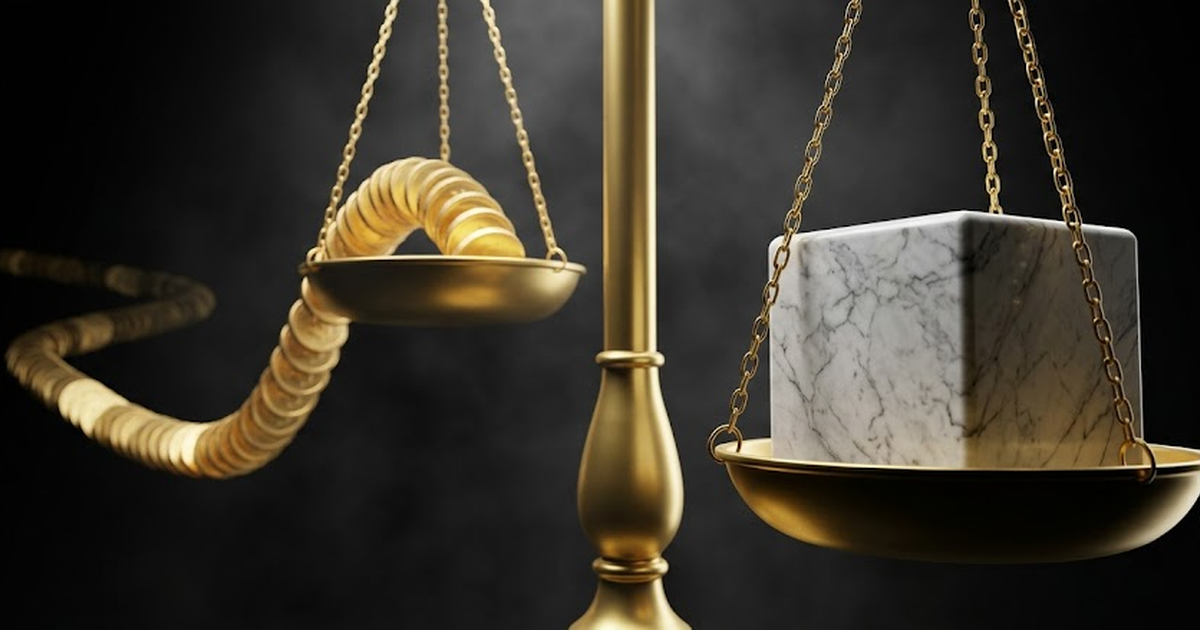 Void black background, two satin gold scales of justice, one pan holding a recurring chain of identical gold coins stretching to infinity, the other holding a single solid gold marble block, balance t