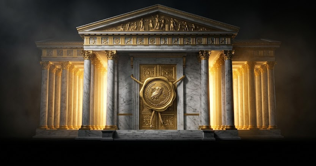 Void black ground, a satin gold classical Greek temple sealed with an ornate gold signet and wax-seal motif over its doors, rays of gold light contained entirely within the temple walls, symbolism of 