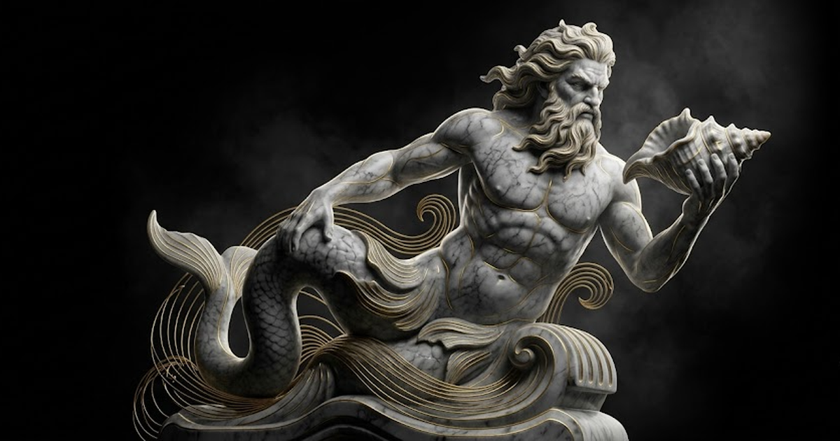 Void black field, a satin gold figure of Triton the herald of the deep rendered as marble statue line art holding a conch, gold currents of wave-like filaments curling back into the figure rather than