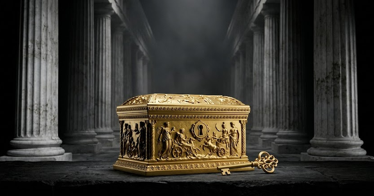 Void black field, a satin gold strongbox carved as a Greek marble chest with a single keyhole, a gold key resting beside it held by no hand, marble columns receding behind, allegory of holding your ow