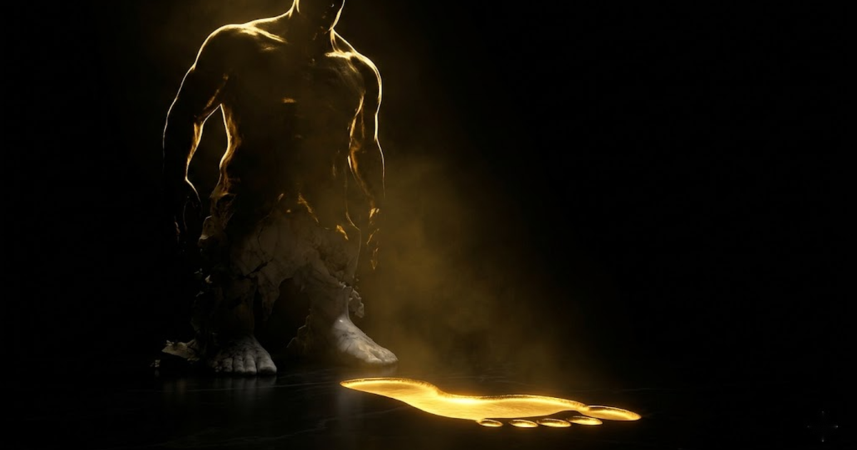 A colossal titan of gold light rising from void black, marble dissolving into shadow at its feet