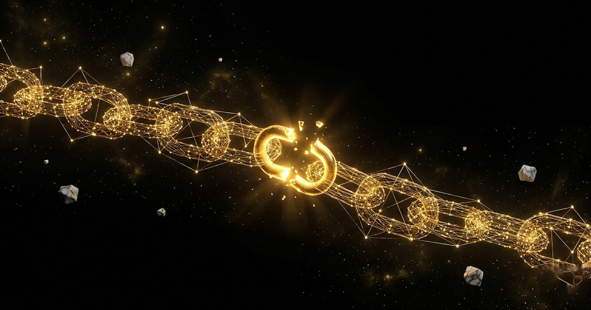 Interlocking golden constellation lines forming a hash-chain across a black cosmos