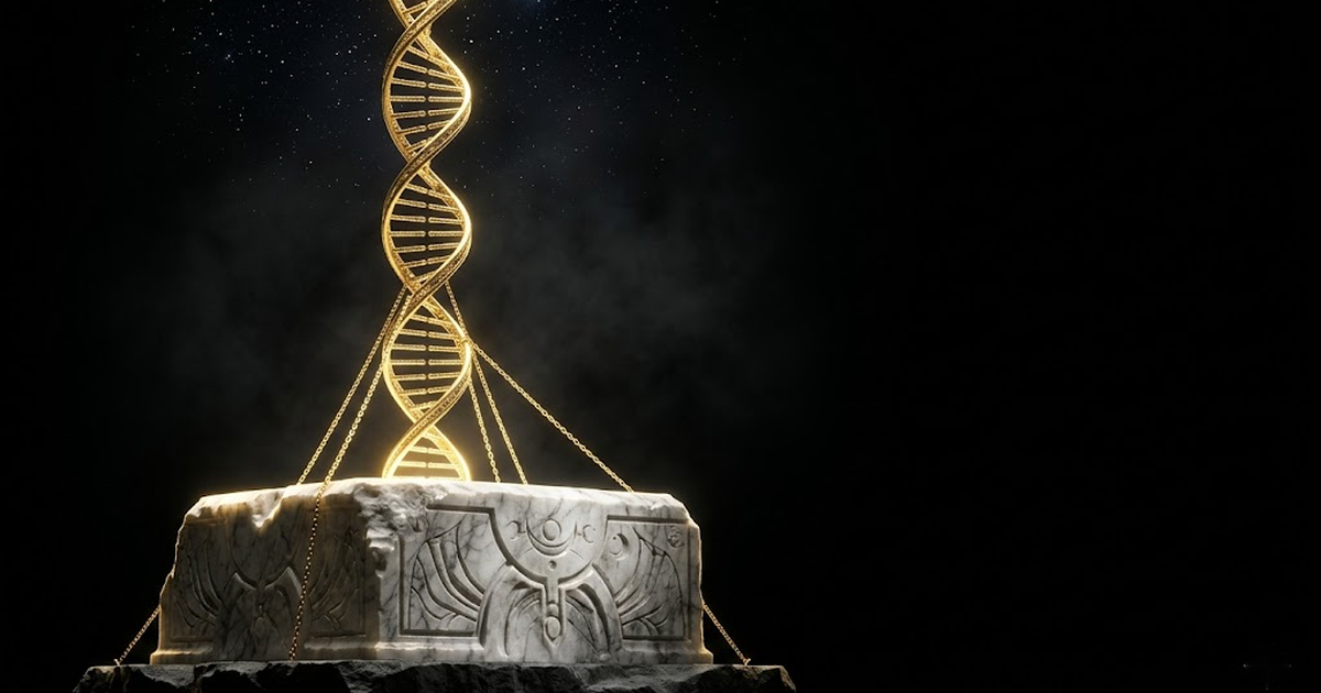 A golden double helix descending into a black void, anchored at its base to a vast carved monolith of light
