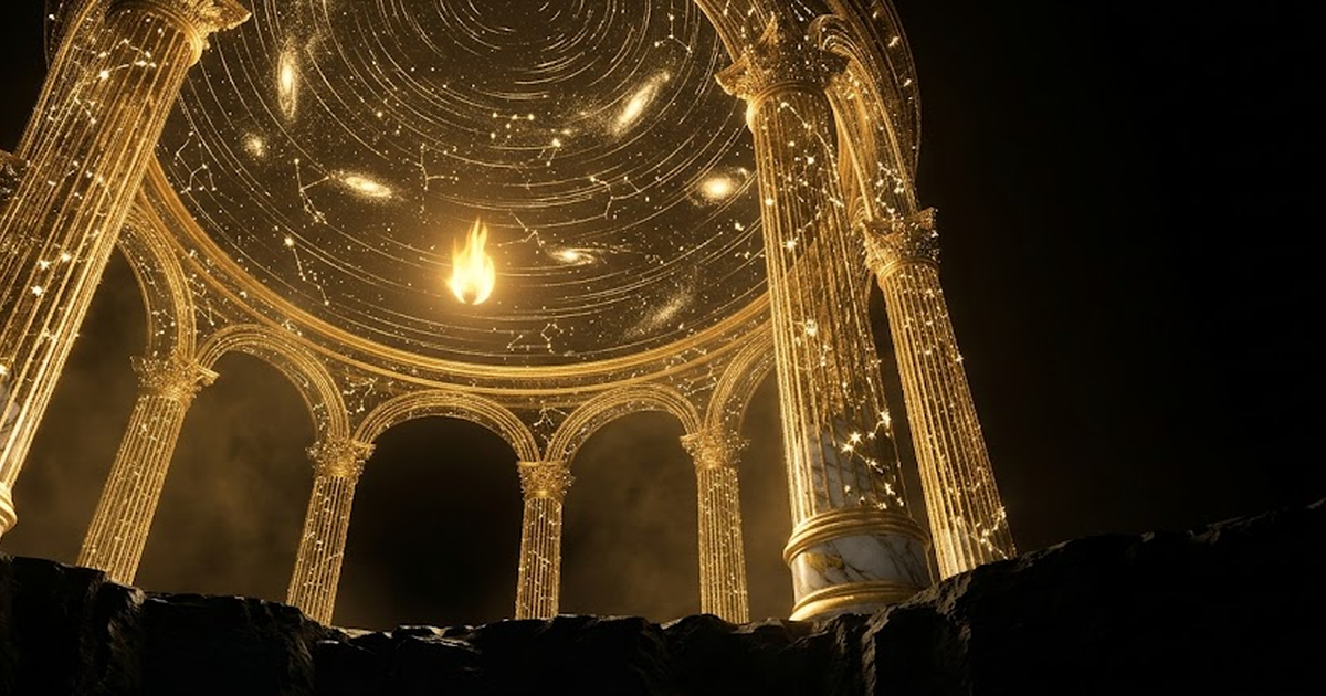 A pantheon of golden light, columns of constellations holding up a dome of stars above an abyss of void black