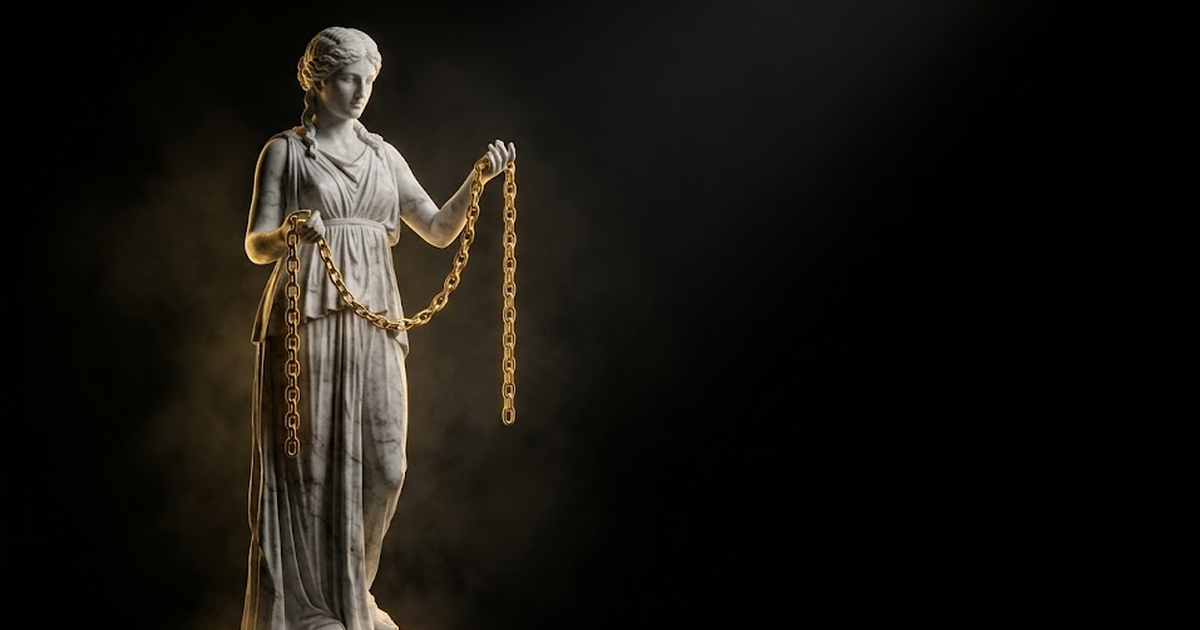 A marble bust of Hermes mid-stride, a gold-lit messenger figure carrying a sealed tablet, emerging from volumetric haze against void black
