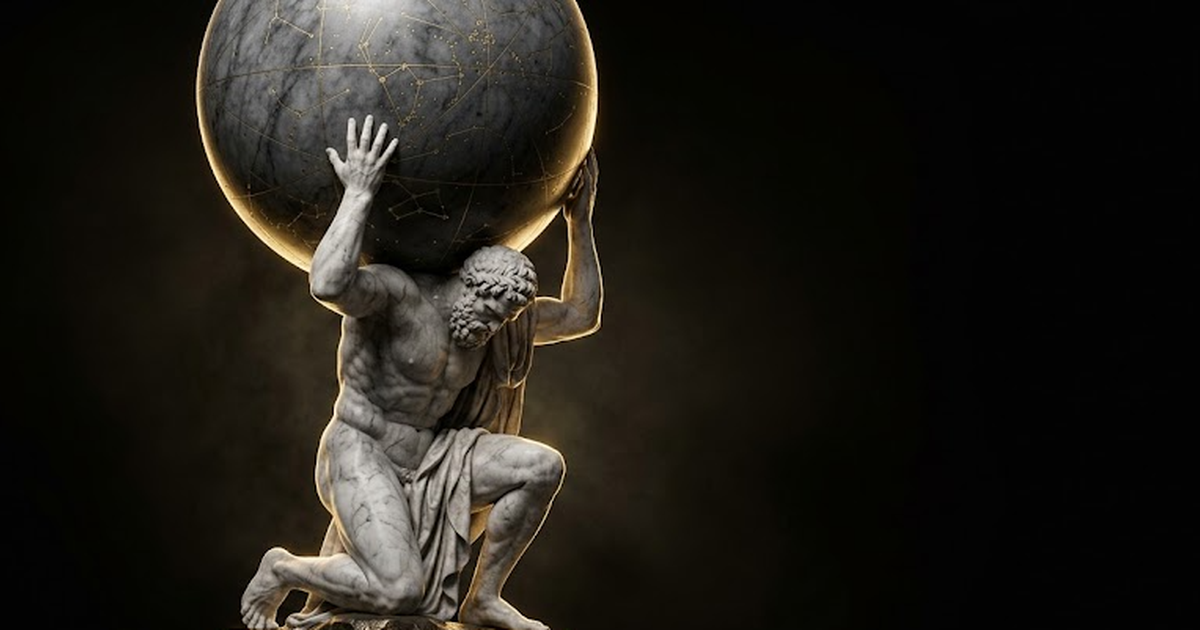 A heroic marble Atlas bearing a sphere of faint gold constellations on his shoulders, lit hard from one side, vast dark space around him