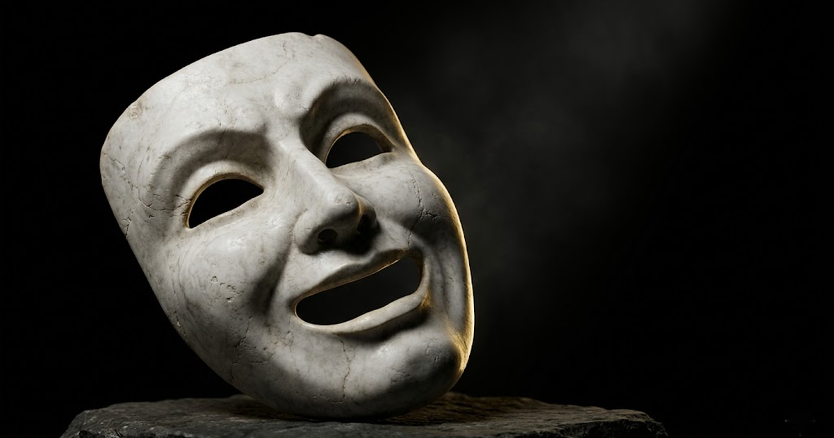A classical marble theatrical mask lit by a single gold rim light against a void black background, symbolising documentation as performance.