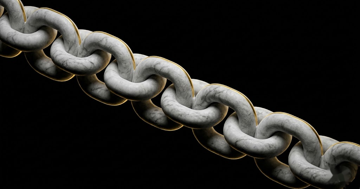 A marble relief of a single continuous chain of fused links catching gold light against void black, symbolising a hash-chained record.