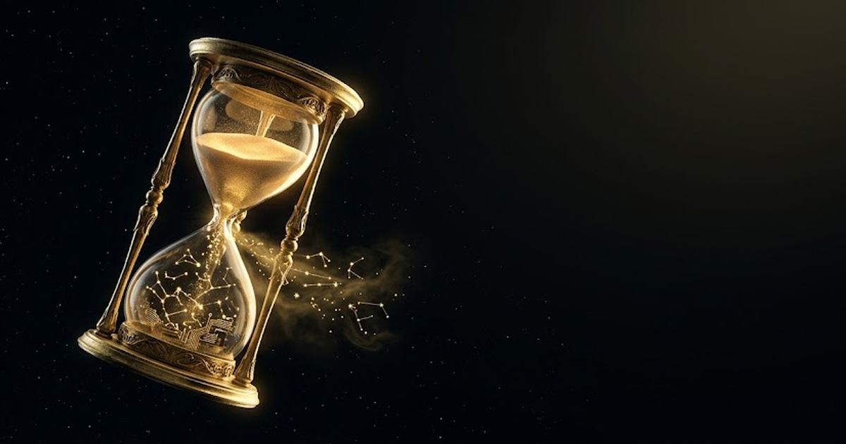 A golden hourglass suspended in void black space, its falling sand turning into streams of constellation light, mythic and cosmic