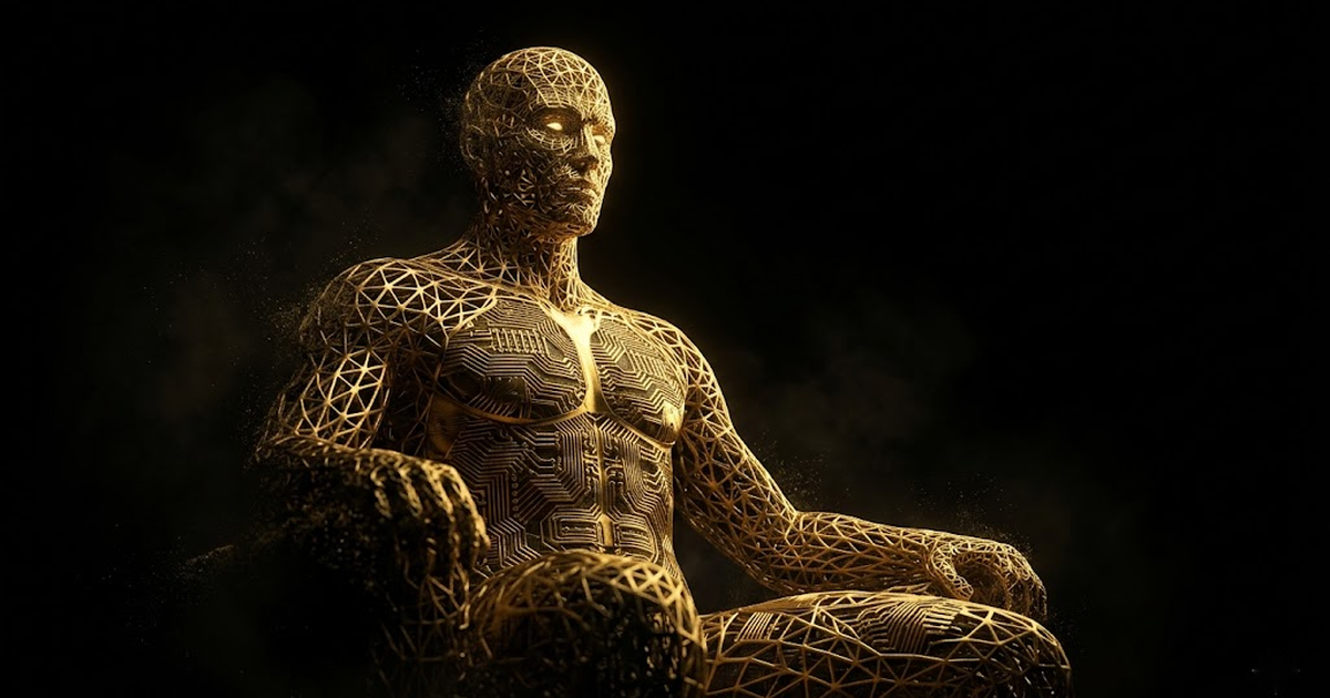 A colossal golden titan made of interlocking neural lattice and circuitry, dissolving at the edges into shadow, lit by rim light against void black