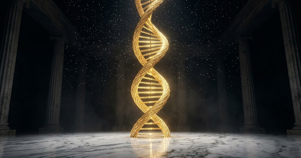 A double golden helix rising like a column of light from a marble pantheon floor into a field of stars, ultra-detailed, reverent, void black background