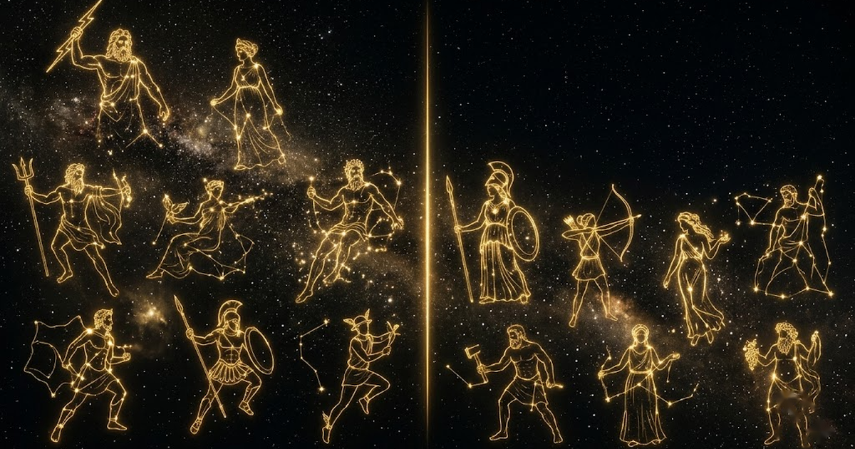 A pantheon of gods rendered as constellations of golden light across a void black cosmos, a single bright meridian line dividing the field, cinematic and reverent
