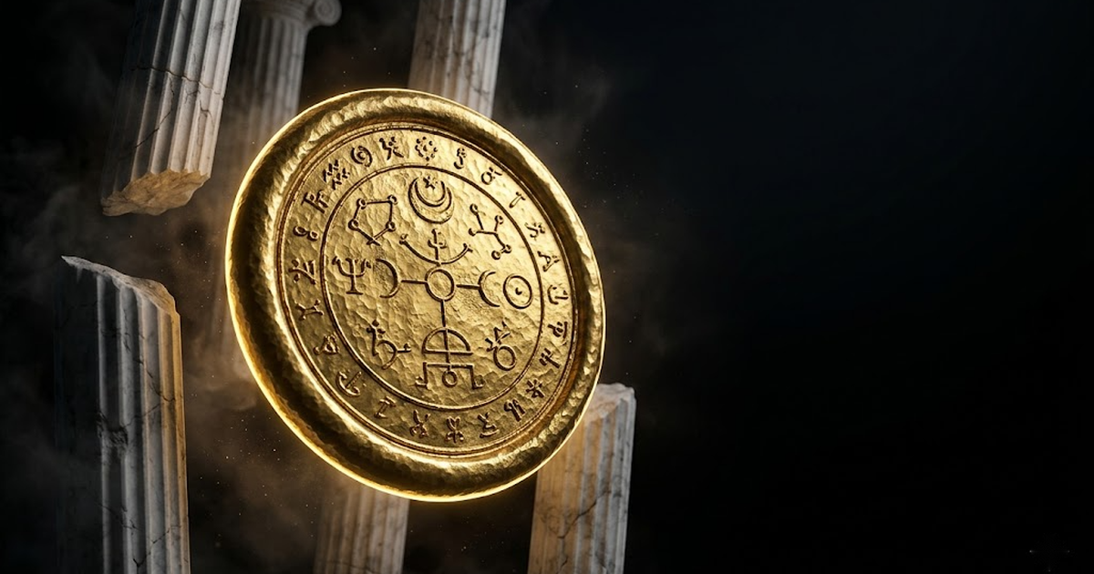 A colossal golden seal of pressed wax suspended in void black, its surface inscribed with constellated geometry, marble columns dissolving into shadow behind it.
