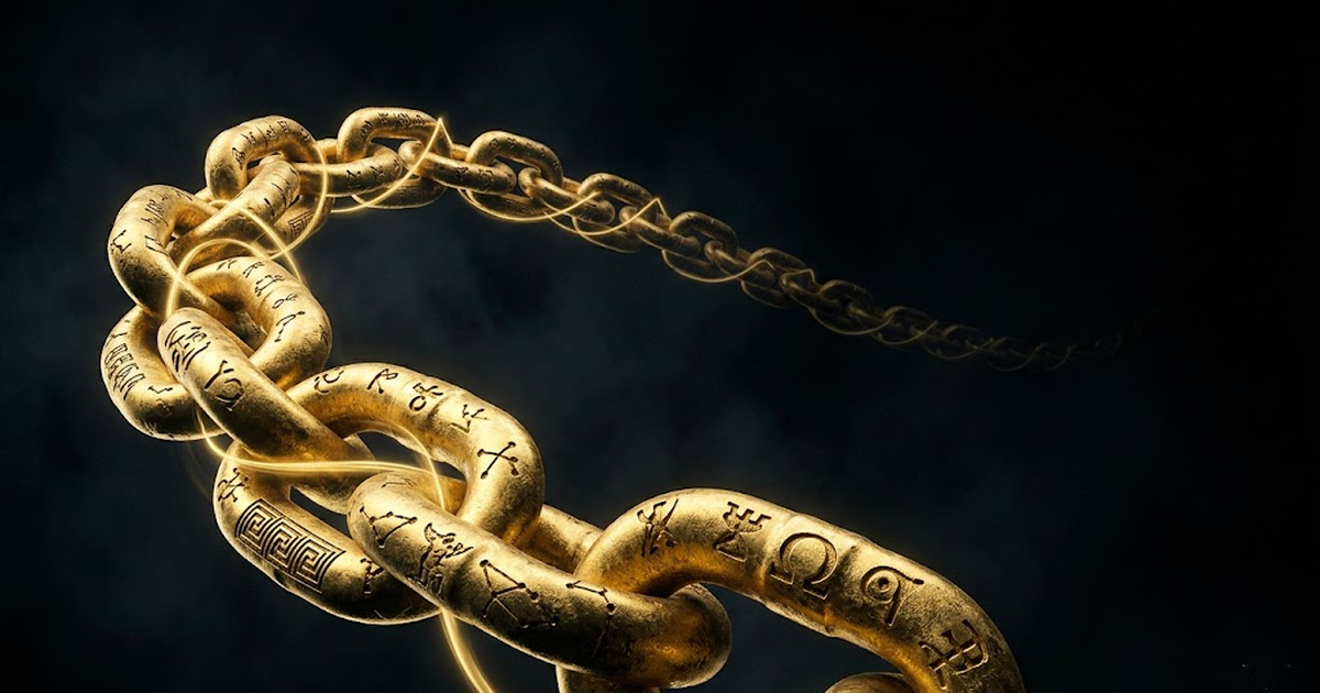 An endless chain of golden links receding into cosmic darkness, each link engraved with a different glyph, the nearest links catching rim light against deep void.