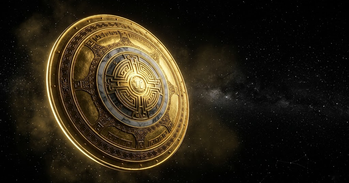 An aegis shield of beaten gold floating before a field of constellations, its boss formed of interlocking circuitry, rim-lit against absolute black with deep negative space around it.