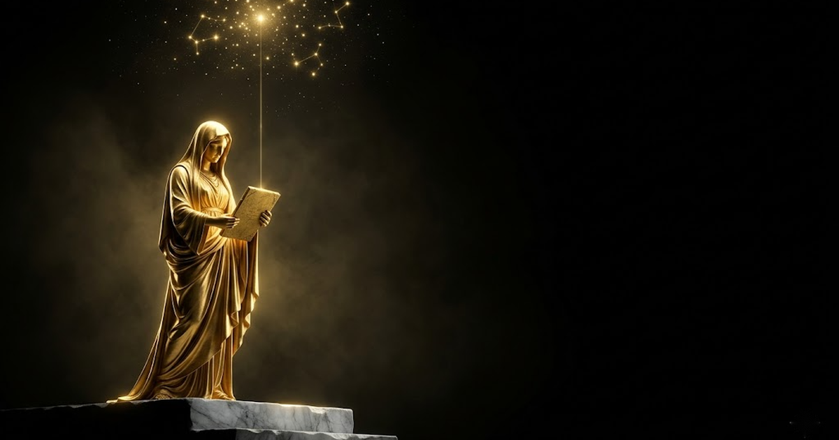 An oracle figure rendered in gold standing within a vast pantheon of light, a single golden thread descending from a constellation above to a sealed tablet in her hands, deep chiaroscuro against void black.